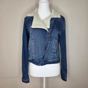 Mossimo Faux Fur Trim Denim Jacket Blue Trucker Coat Y2K Boho Size M